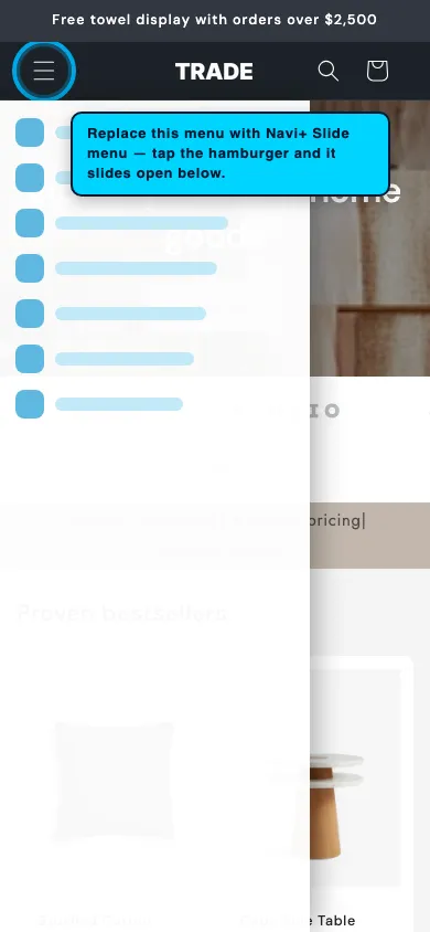 Navi+ Slide Menu on the Trade Shopify theme Navi+ Slide Menu on the Trade Shopify theme