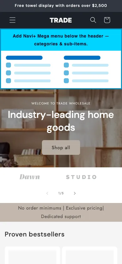 Navi+ mobile Mega Menu on the Trade Shopify theme Navi+ mobile Mega Menu on the Trade Shopify theme