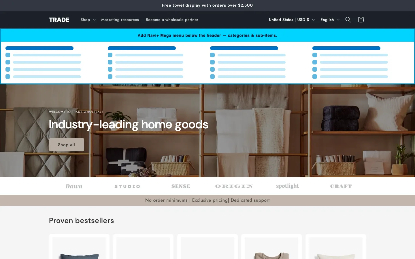 Navi+ Mega Menu inserted below the header on the Trade Shopify theme Navi+ Mega Menu inserted below the header on the Trade Shopify theme