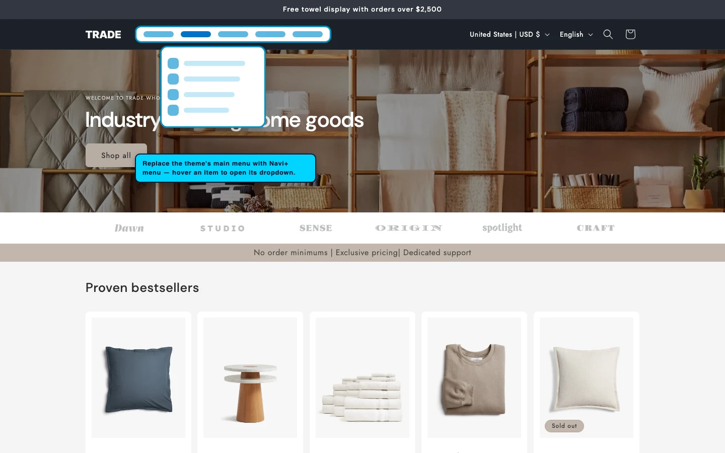 Navi+ Mega Menu replacing the desktop menu on the Trade Shopify theme Navi+ Mega Menu replacing the desktop menu on the Trade Shopify theme