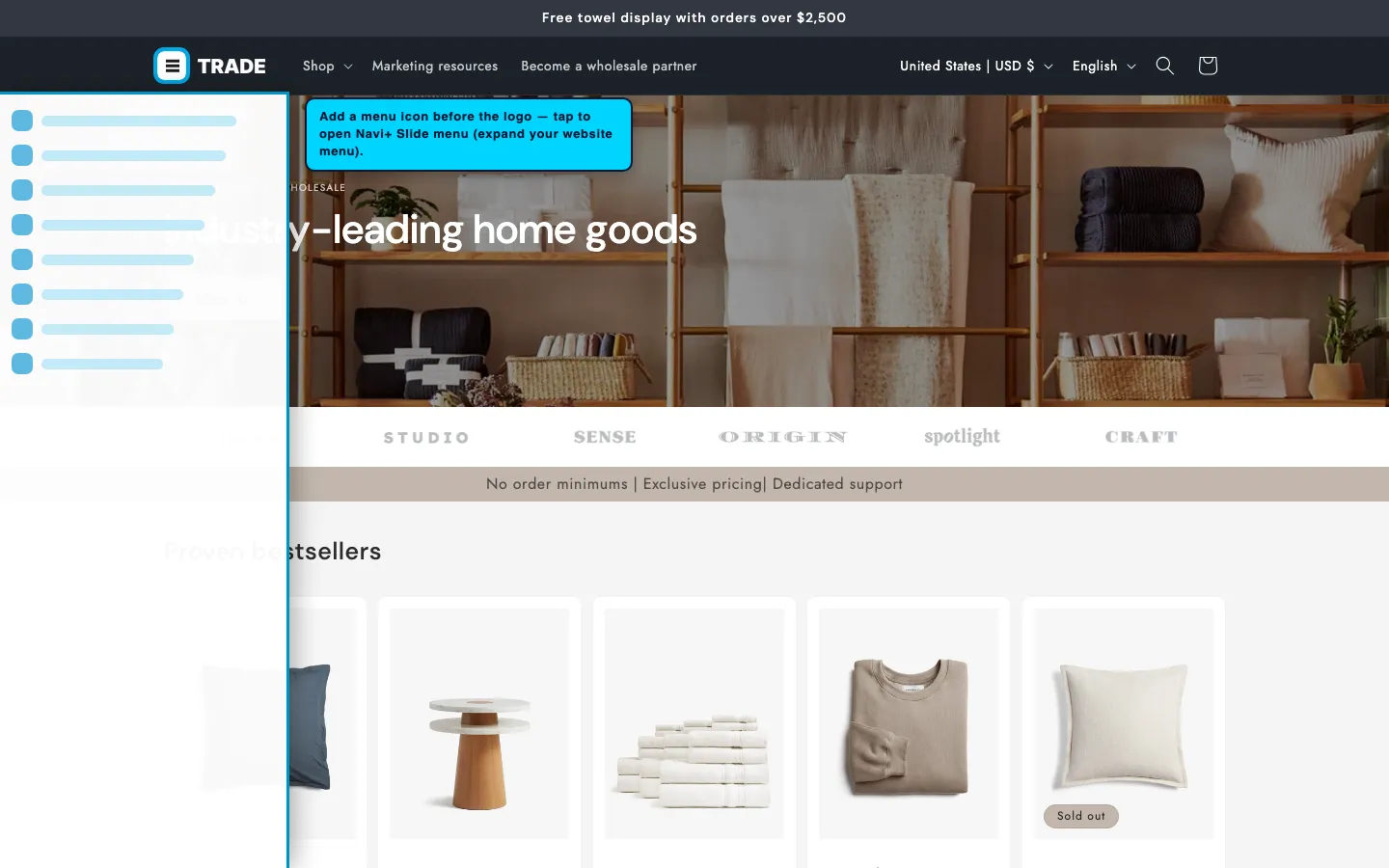 Navi+ trigger icon before the logo on the Trade Shopify theme Navi+ trigger icon before the logo on the Trade Shopify theme