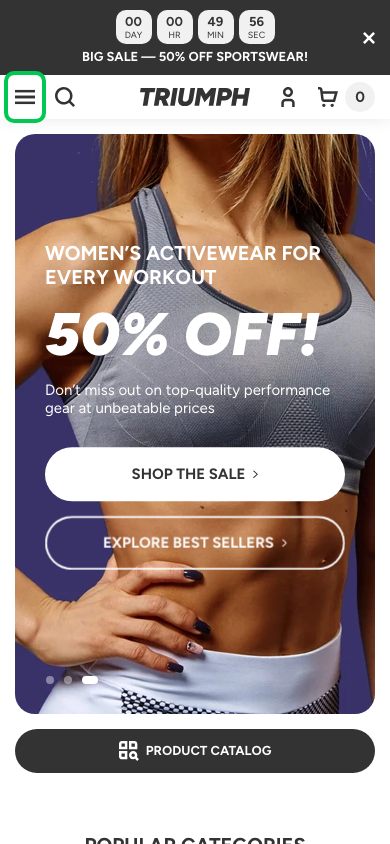 Hamburger → panel opened — Navi+ on the Triumph Shopify theme Hamburger → panel opened — Navi+ on the Triumph Shopify theme