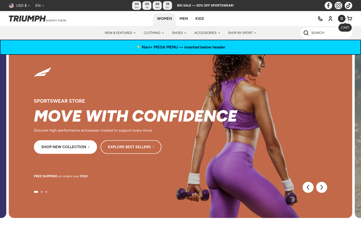 Menu inserted below header — Navi+ on the Triumph Shopify theme Menu inserted below header — Navi+ on the Triumph Shopify theme