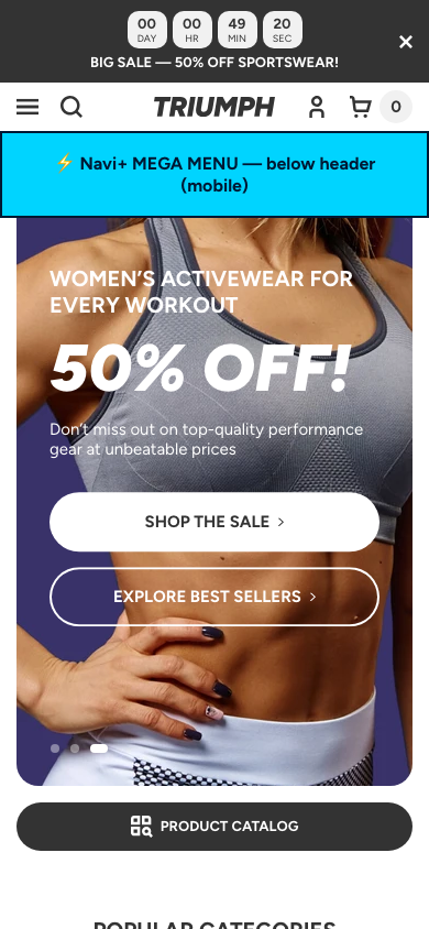 Menu inserted below header — Navi+ on the Triumph Shopify theme Menu inserted below header — Navi+ on the Triumph Shopify theme