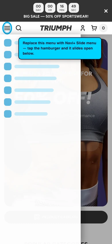 Navi+ Slide Menu on the Triumph Shopify theme Navi+ Slide Menu on the Triumph Shopify theme