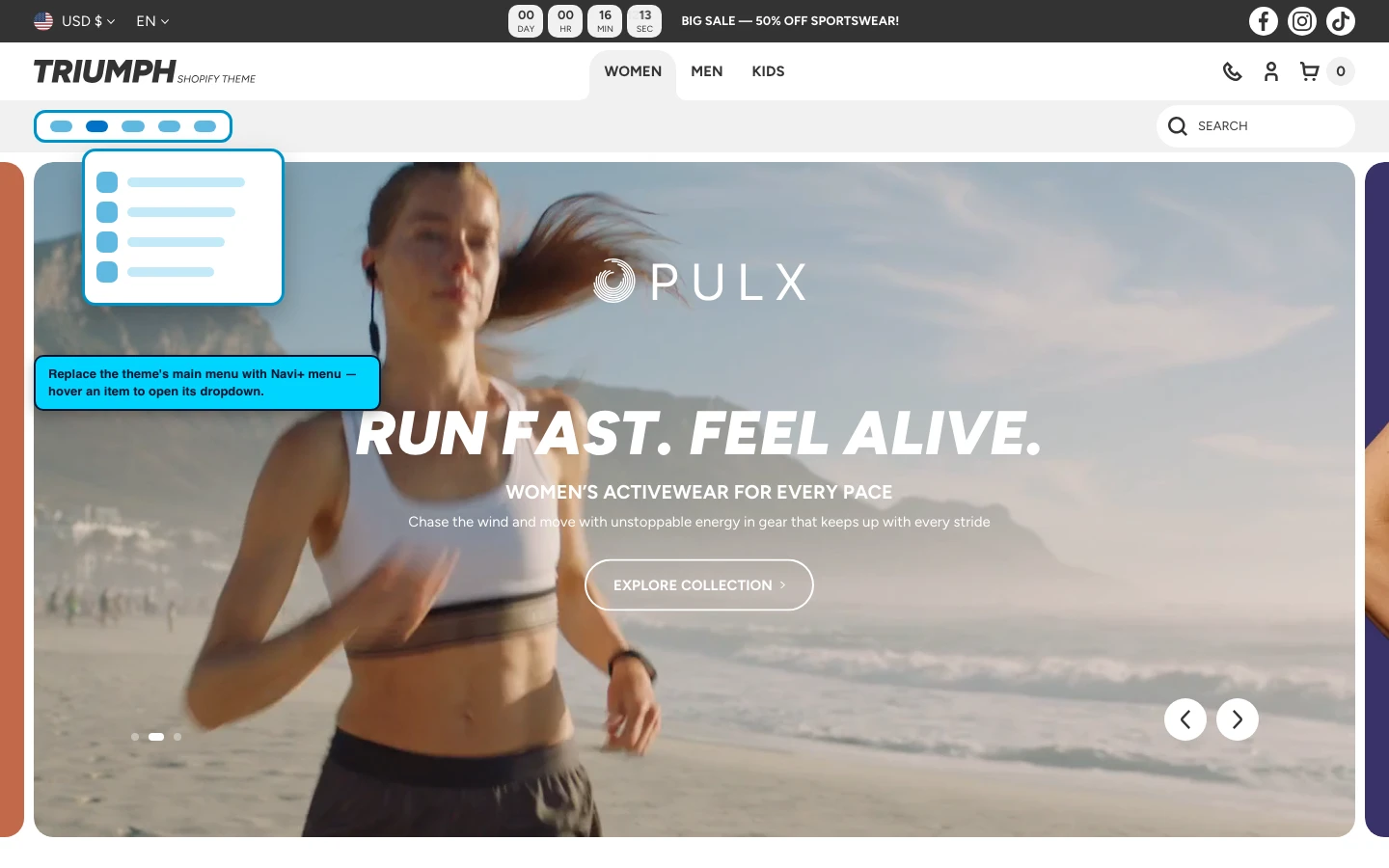 Navi+ Mega Menu replacing the desktop menu on the Triumph Shopify theme Navi+ Mega Menu replacing the desktop menu on the Triumph Shopify theme
