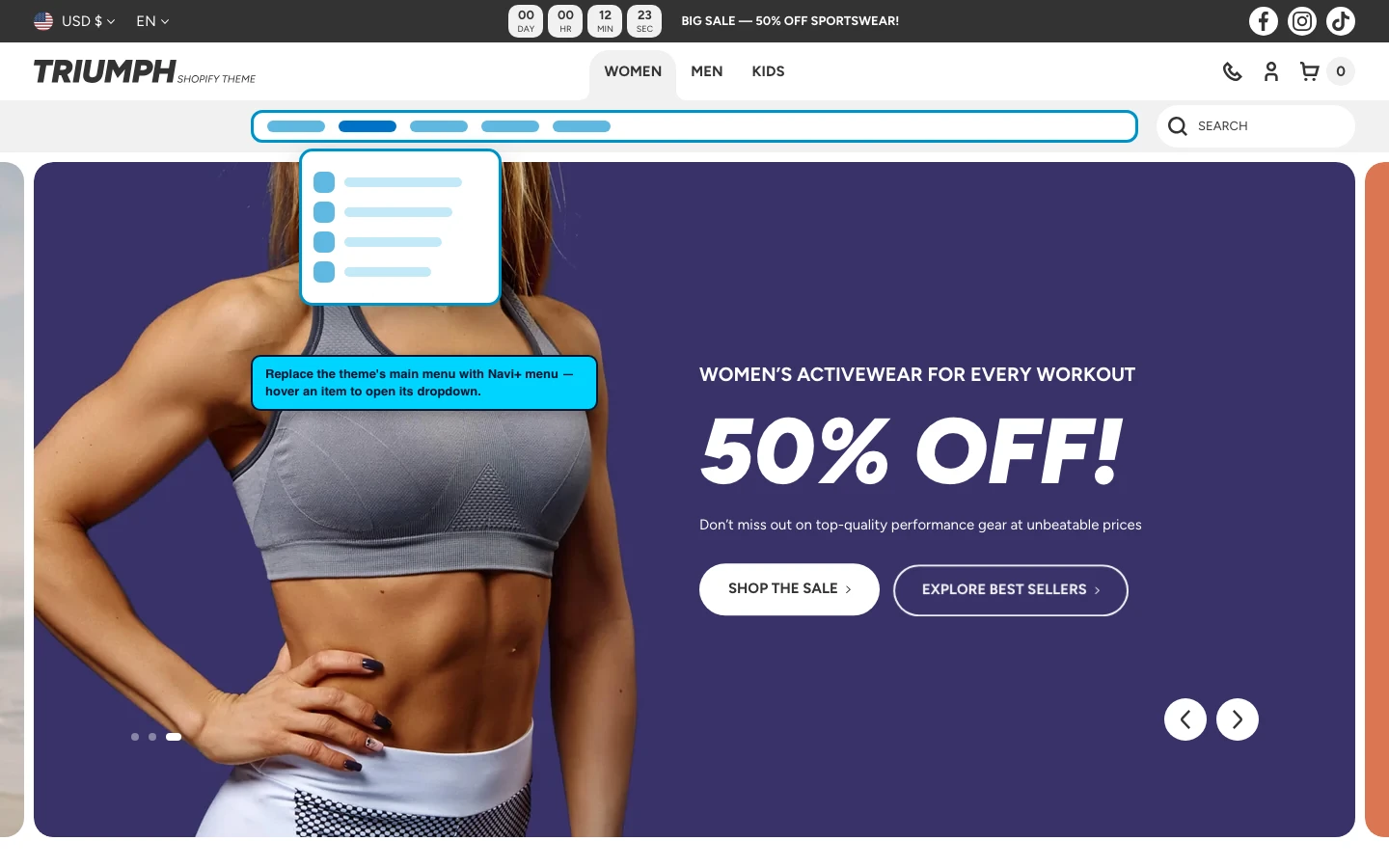 Navi+ Mega Menu replacing the desktop menu on the Triumph Shopify theme Navi+ Mega Menu replacing the desktop menu on the Triumph Shopify theme