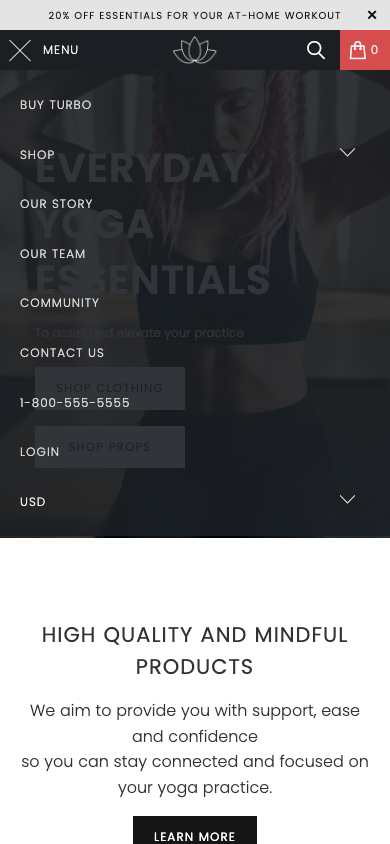 Hamburger → panel opened — Navi+ on the Turbo Shopify theme