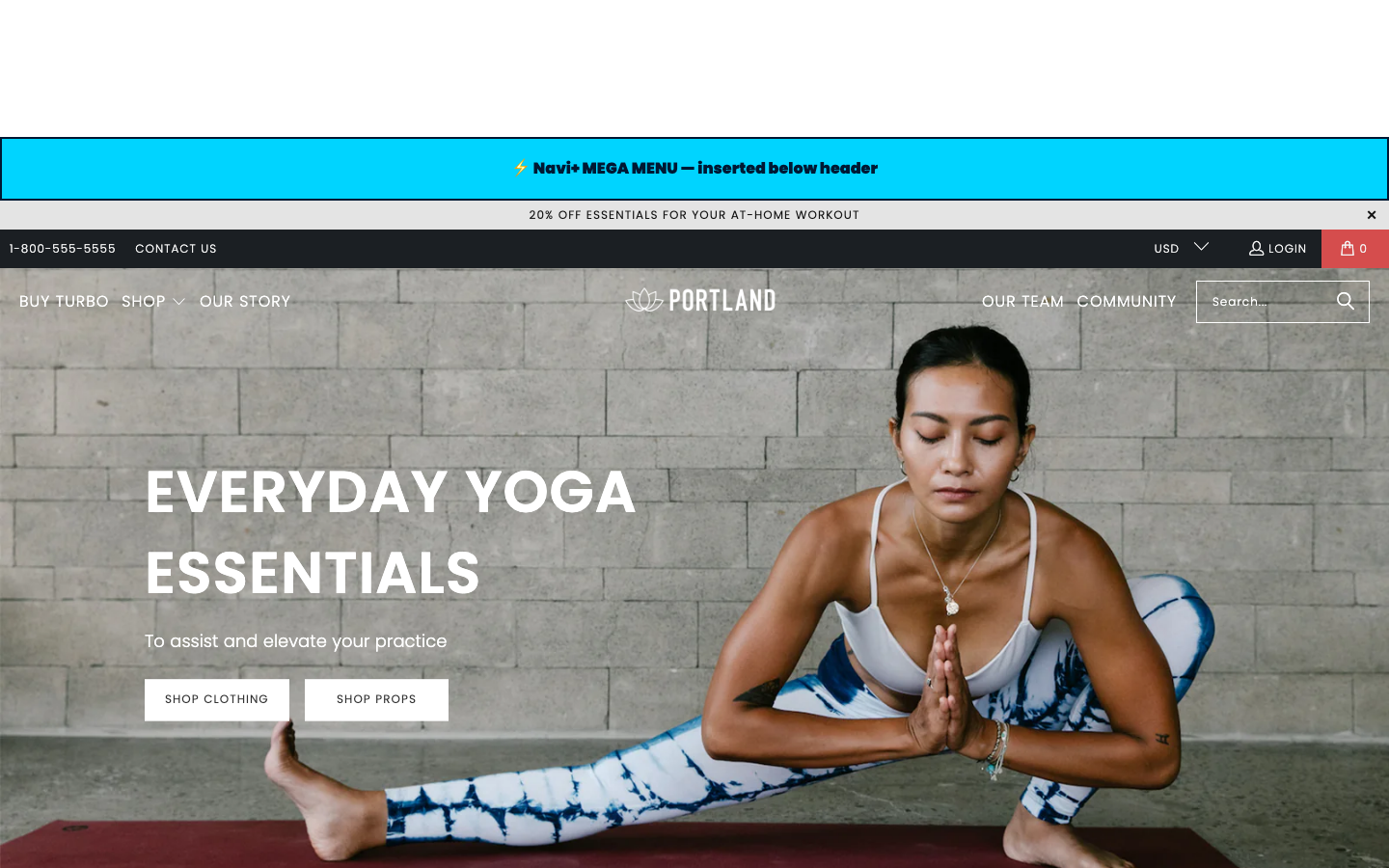 Menu inserted below header — Navi+ on the Turbo Shopify theme