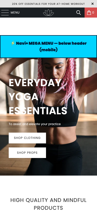Menu inserted below header — Navi+ on the Turbo Shopify theme