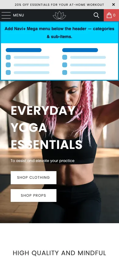 Navi+ mobile Mega Menu on the Turbo Shopify theme