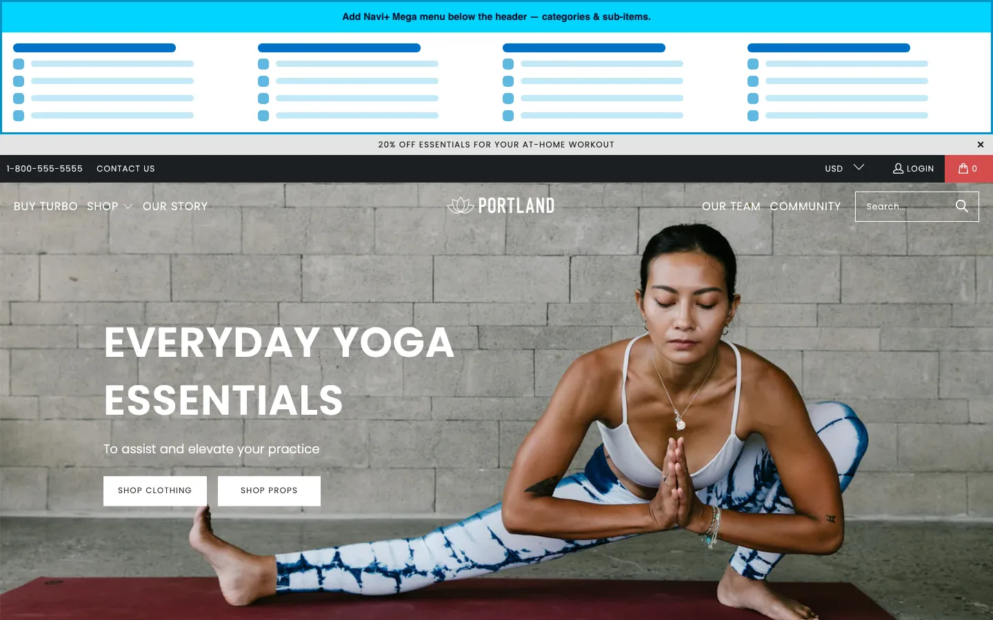 Navi+ Mega Menu inserted below the header on the Turbo Shopify theme
