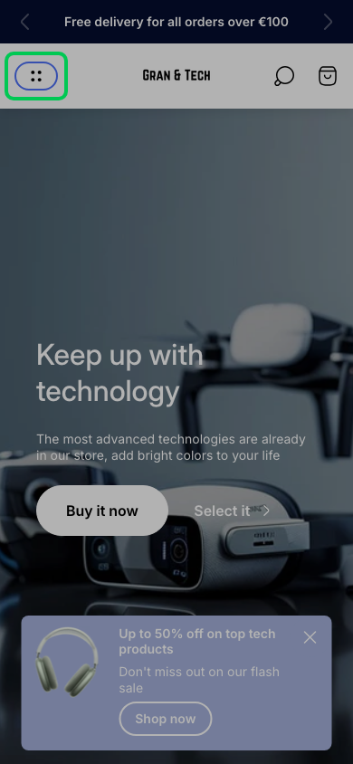 Hamburger → panel opened — Navi+ on the Ultra Shopify theme