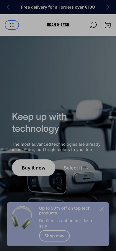 Hamburger → panel opened — Navi+ on the Ultra Shopify theme