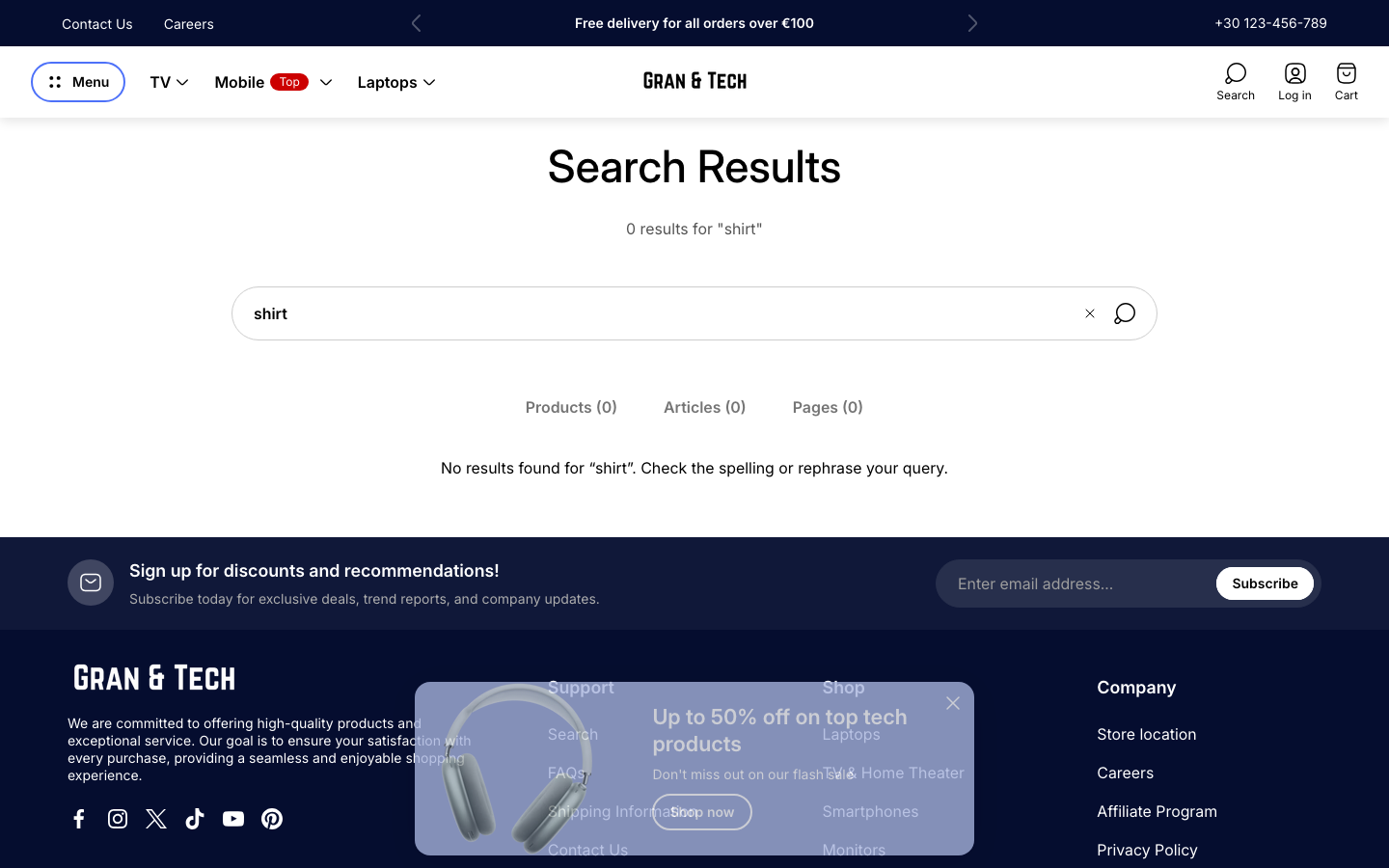 Search → panel opened — Navi+ on the Ultra Shopify theme