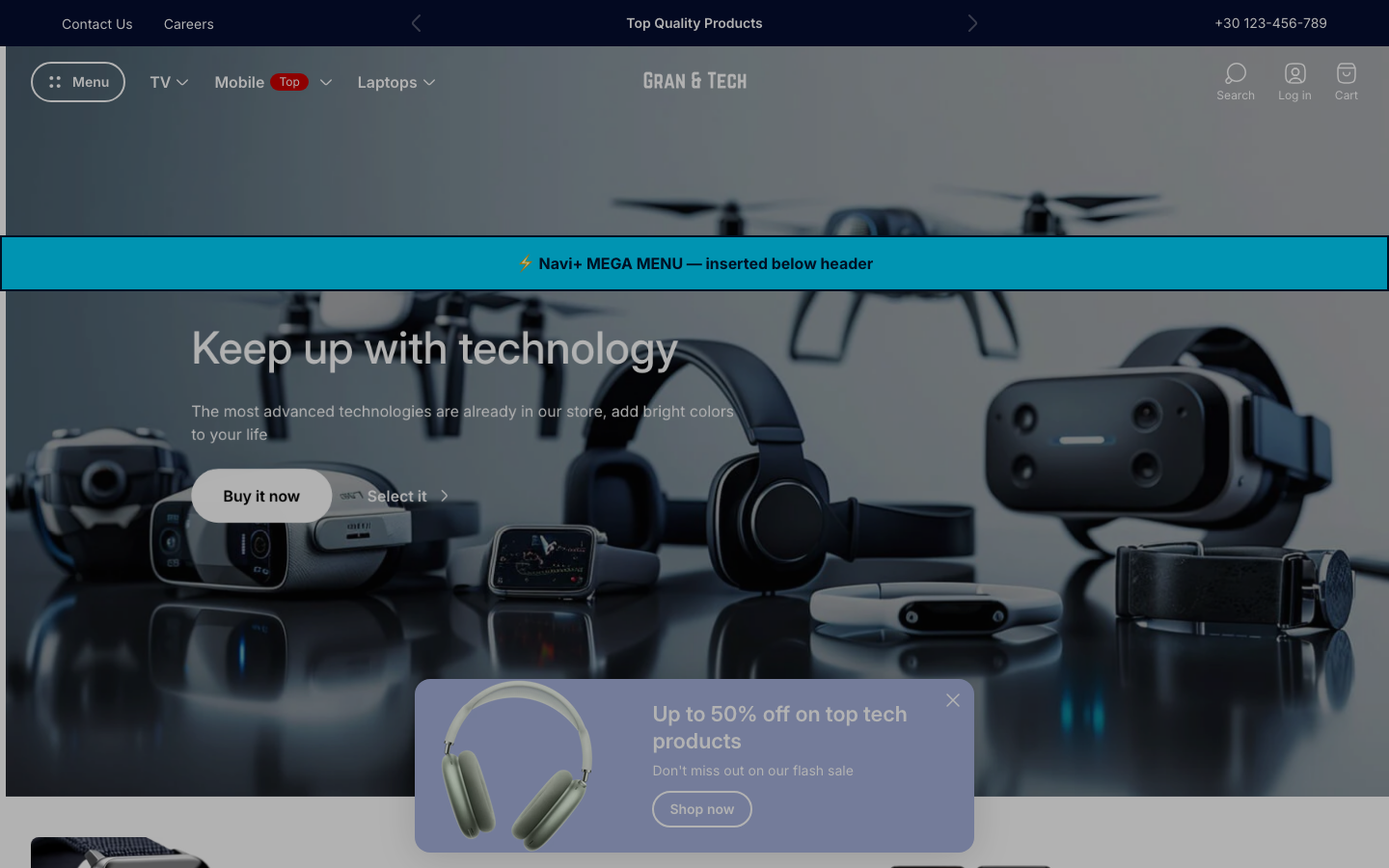 Menu inserted below header — Navi+ on the Ultra Shopify theme
