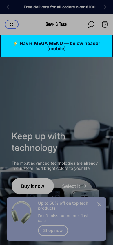 Menu inserted below header — Navi+ on the Ultra Shopify theme