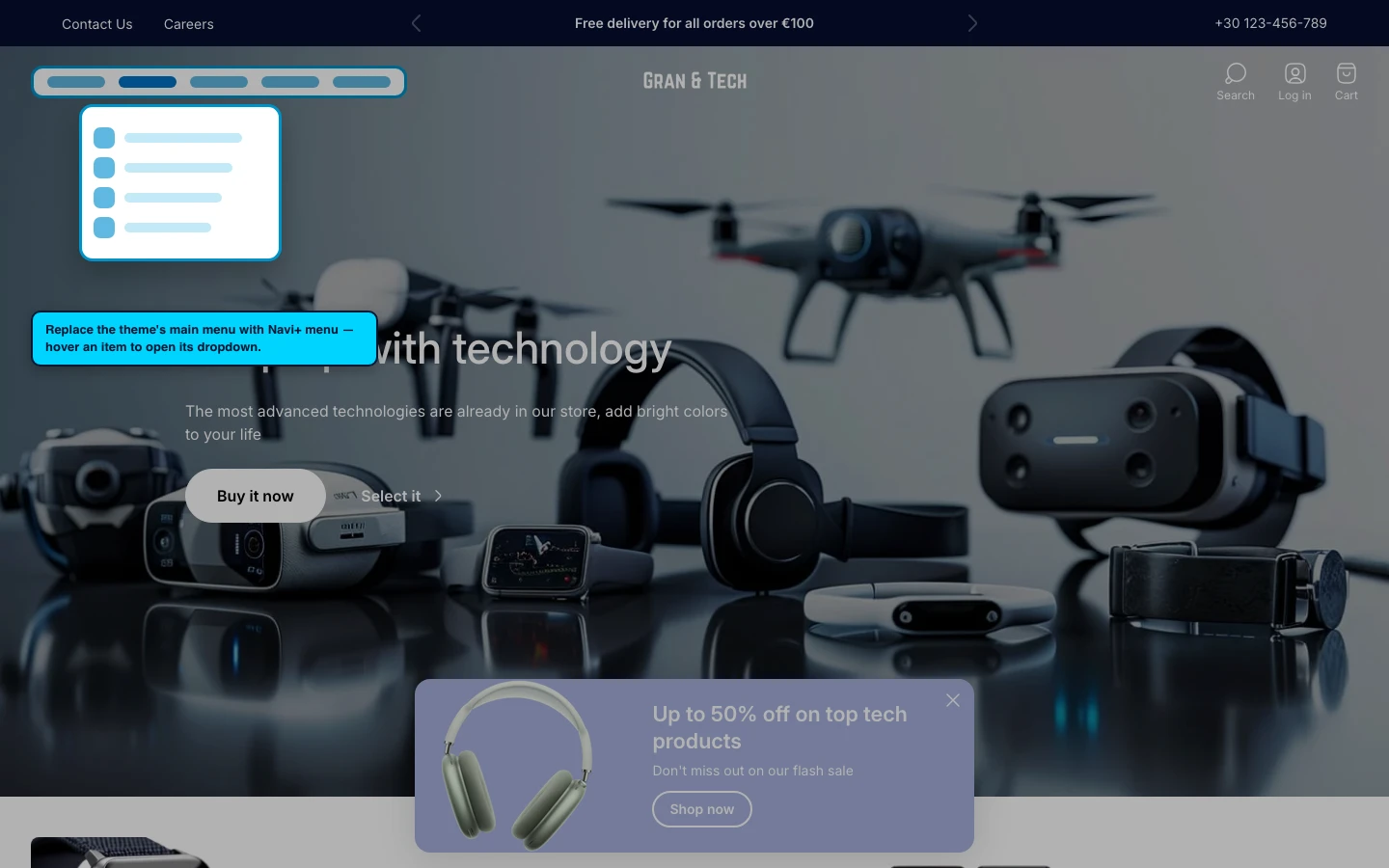 Navi+ Mega Menu replacing the desktop menu on the Ultra Shopify theme