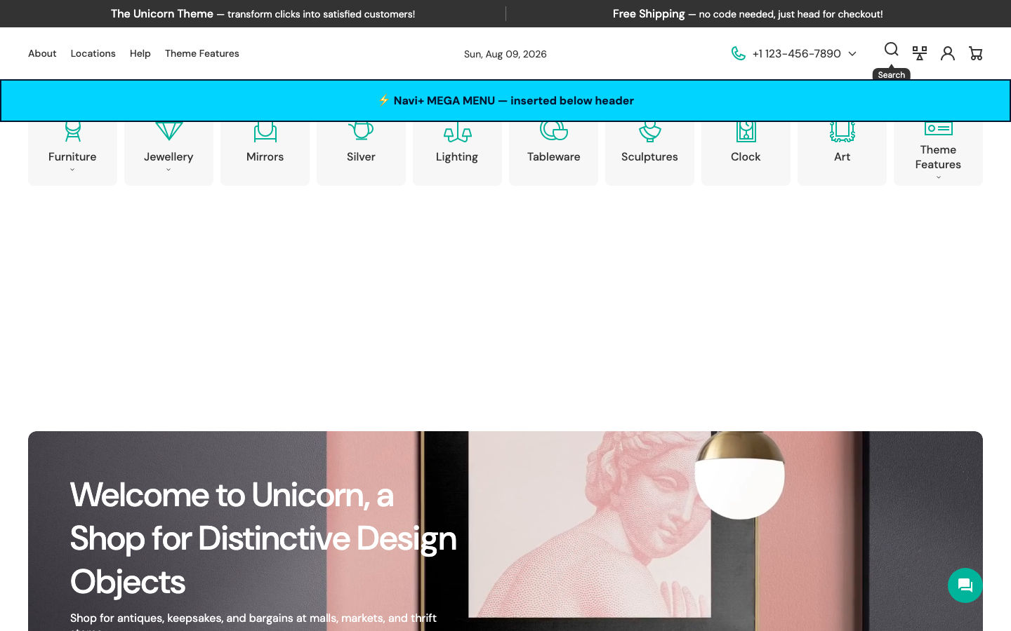 Menu inserted below header — Navi+ on the Unicorn Shopify theme Menu inserted below header — Navi+ on the Unicorn Shopify theme