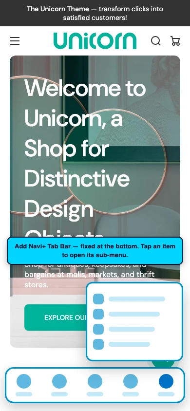 Navi+ Tab Bar on the Unicorn Shopify theme Navi+ Tab Bar on the Unicorn Shopify theme
