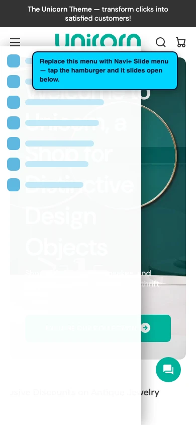 Navi+ Slide Menu on the Unicorn Shopify theme Navi+ Slide Menu on the Unicorn Shopify theme
