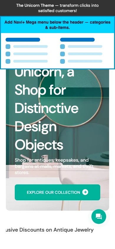 Navi+ mobile Mega Menu on the Unicorn Shopify theme Navi+ mobile Mega Menu on the Unicorn Shopify theme