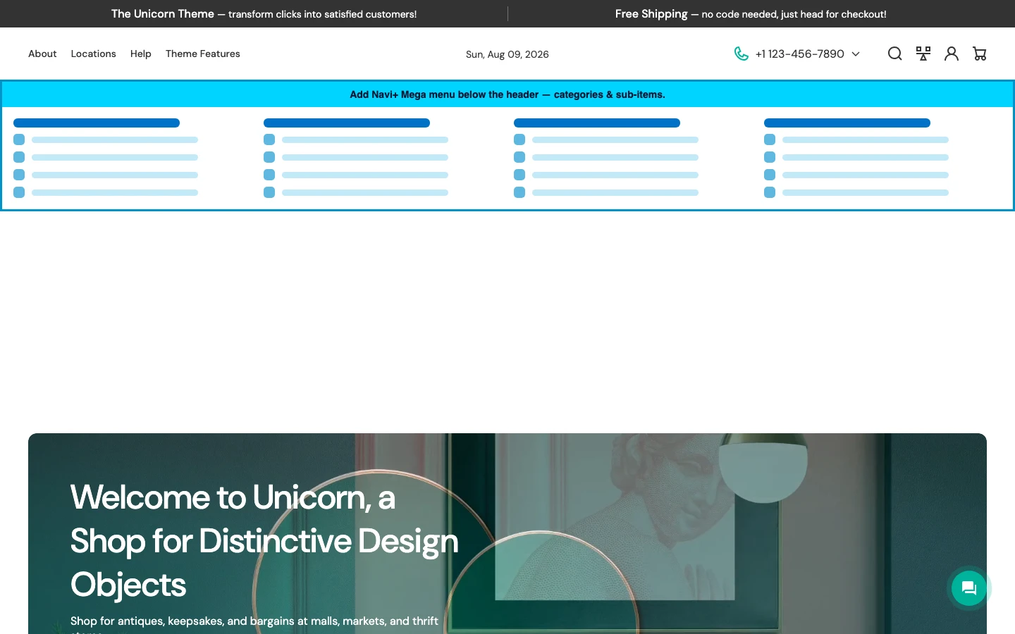 Navi+ Mega Menu inserted below the header on the Unicorn Shopify theme Navi+ Mega Menu inserted below the header on the Unicorn Shopify theme