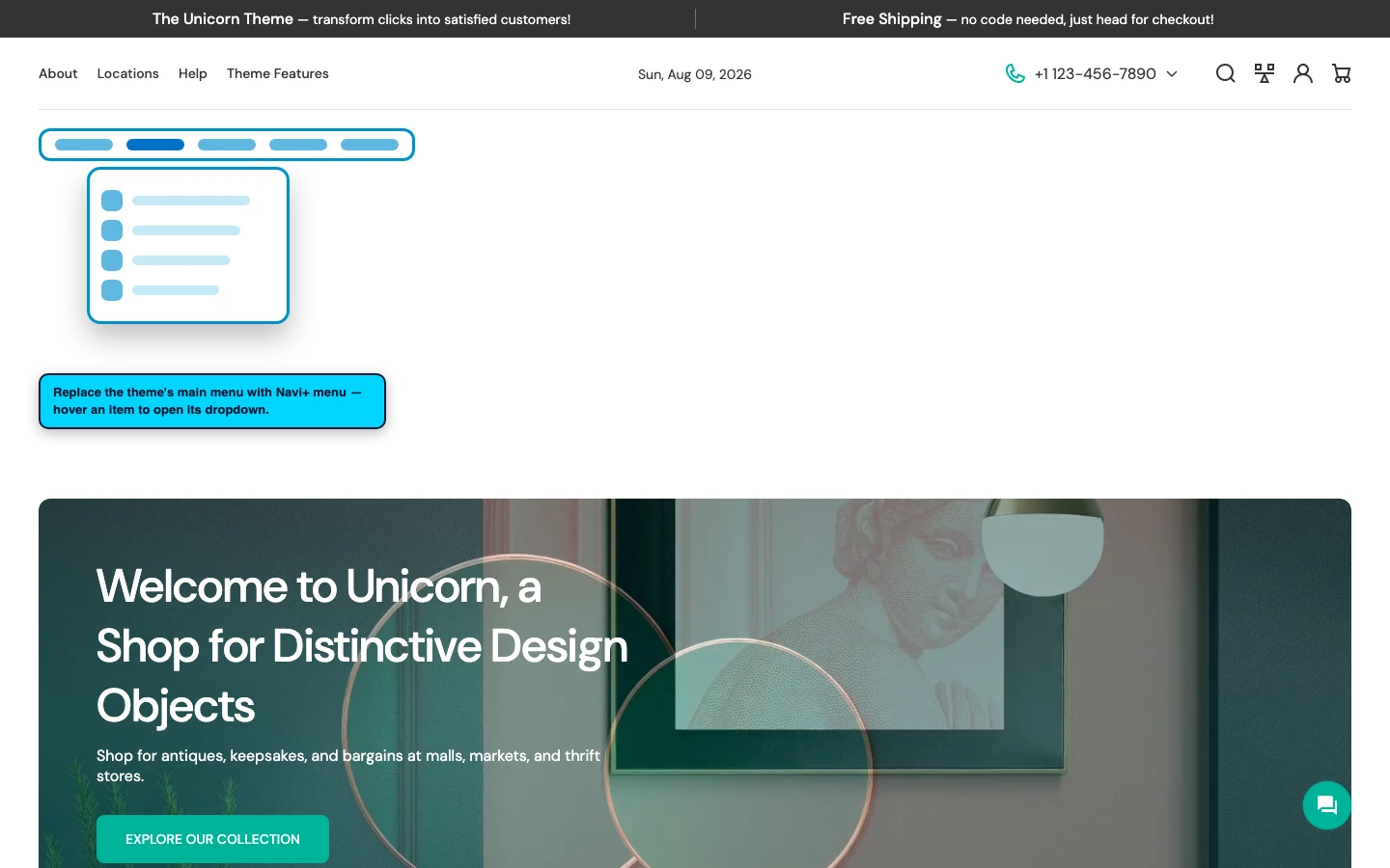 Navi+ Mega Menu replacing the desktop menu on the Unicorn Shopify theme Navi+ Mega Menu replacing the desktop menu on the Unicorn Shopify theme