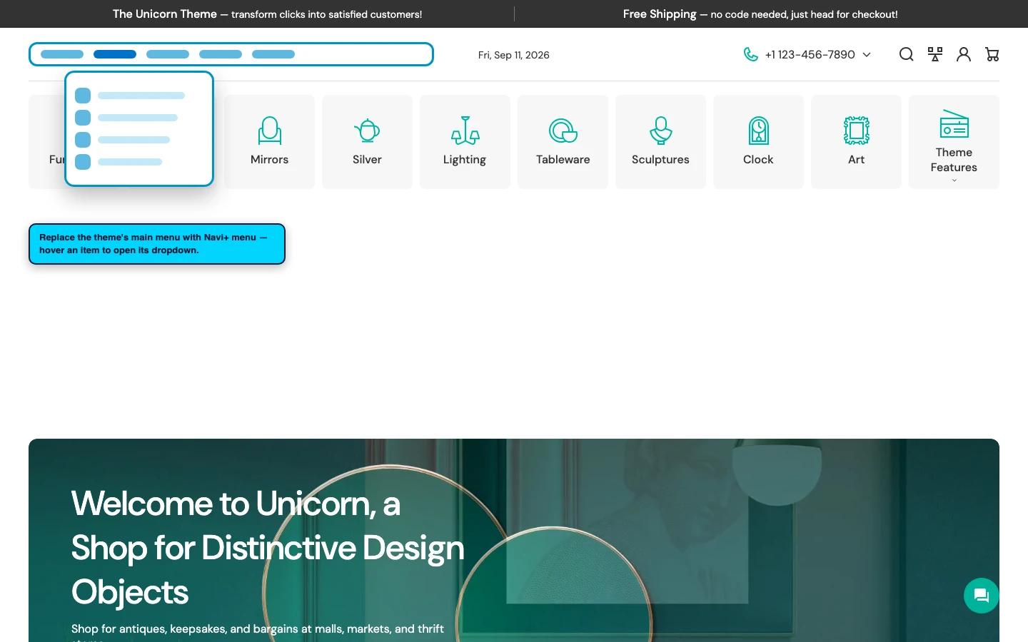 Navi+ Mega Menu replacing the desktop menu on the Unicorn Shopify theme Navi+ Mega Menu replacing the desktop menu on the Unicorn Shopify theme