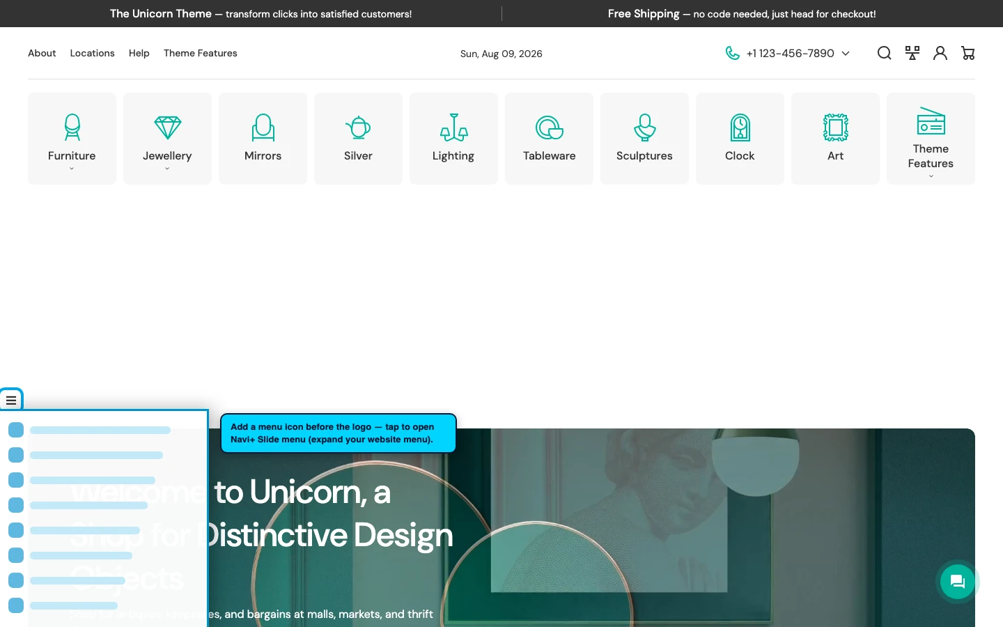 Navi+ trigger icon before the logo on the Unicorn Shopify theme Navi+ trigger icon before the logo on the Unicorn Shopify theme