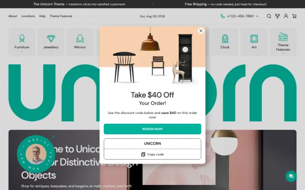 Full-page desktop screenshot of Shopify Unicorn theme demo store