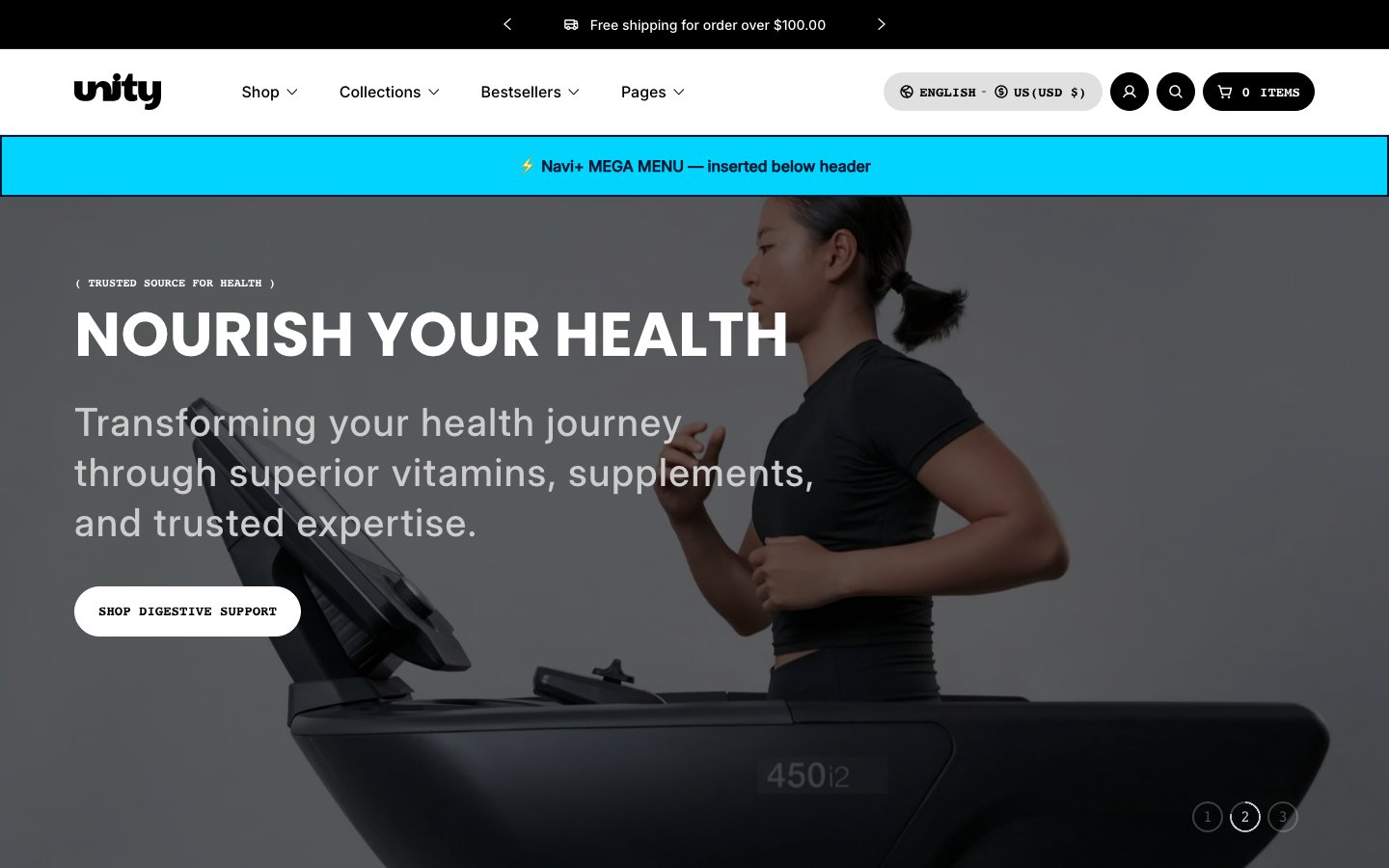 Menu inserted below header — Navi+ on the Unity Shopify theme Menu inserted below header — Navi+ on the Unity Shopify theme