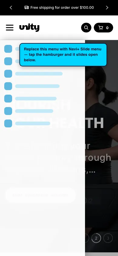 Navi+ Slide Menu on the Unity Shopify theme Navi+ Slide Menu on the Unity Shopify theme
