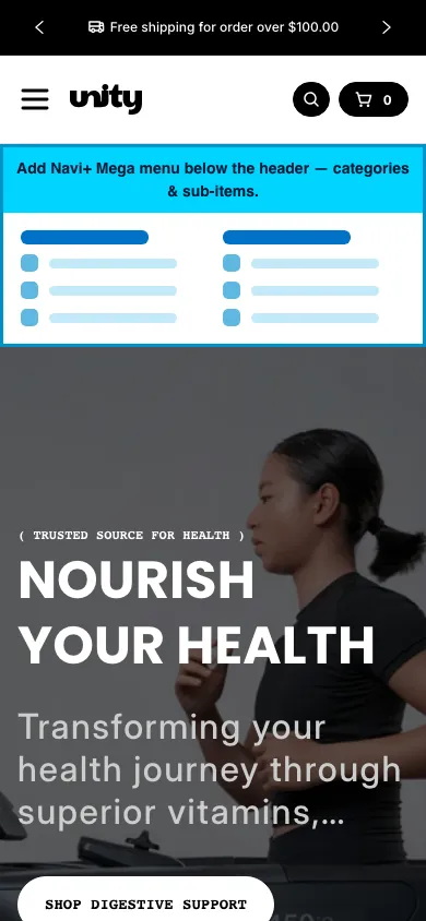 Navi+ mobile Mega Menu on the Unity Shopify theme Navi+ mobile Mega Menu on the Unity Shopify theme