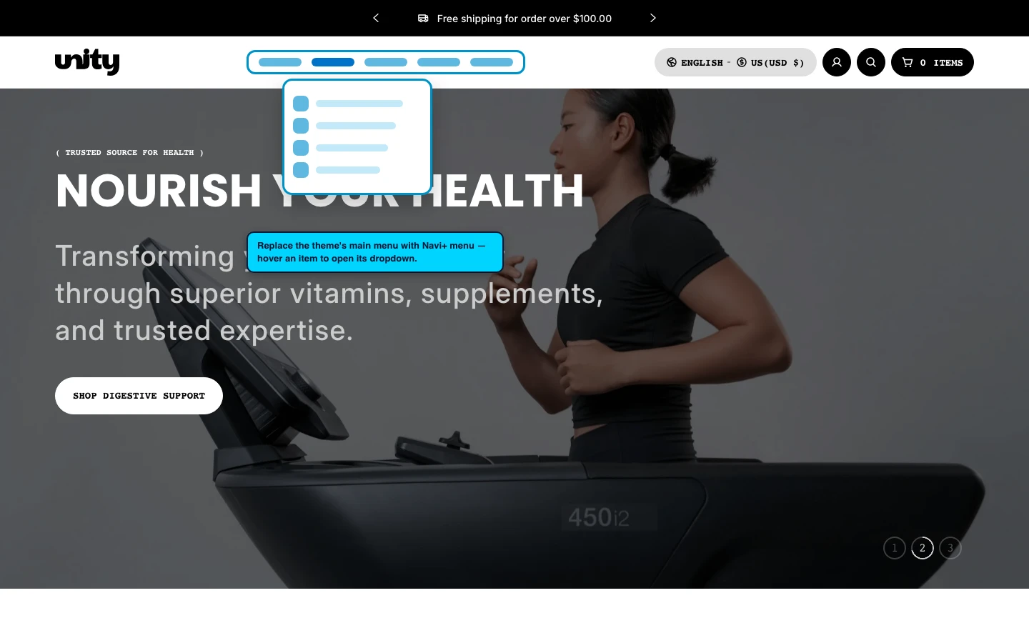 Navi+ Mega Menu replacing the desktop menu on the Unity Shopify theme Navi+ Mega Menu replacing the desktop menu on the Unity Shopify theme