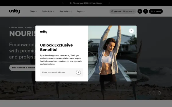 Full-page desktop screenshot of Shopify Unity theme demo store