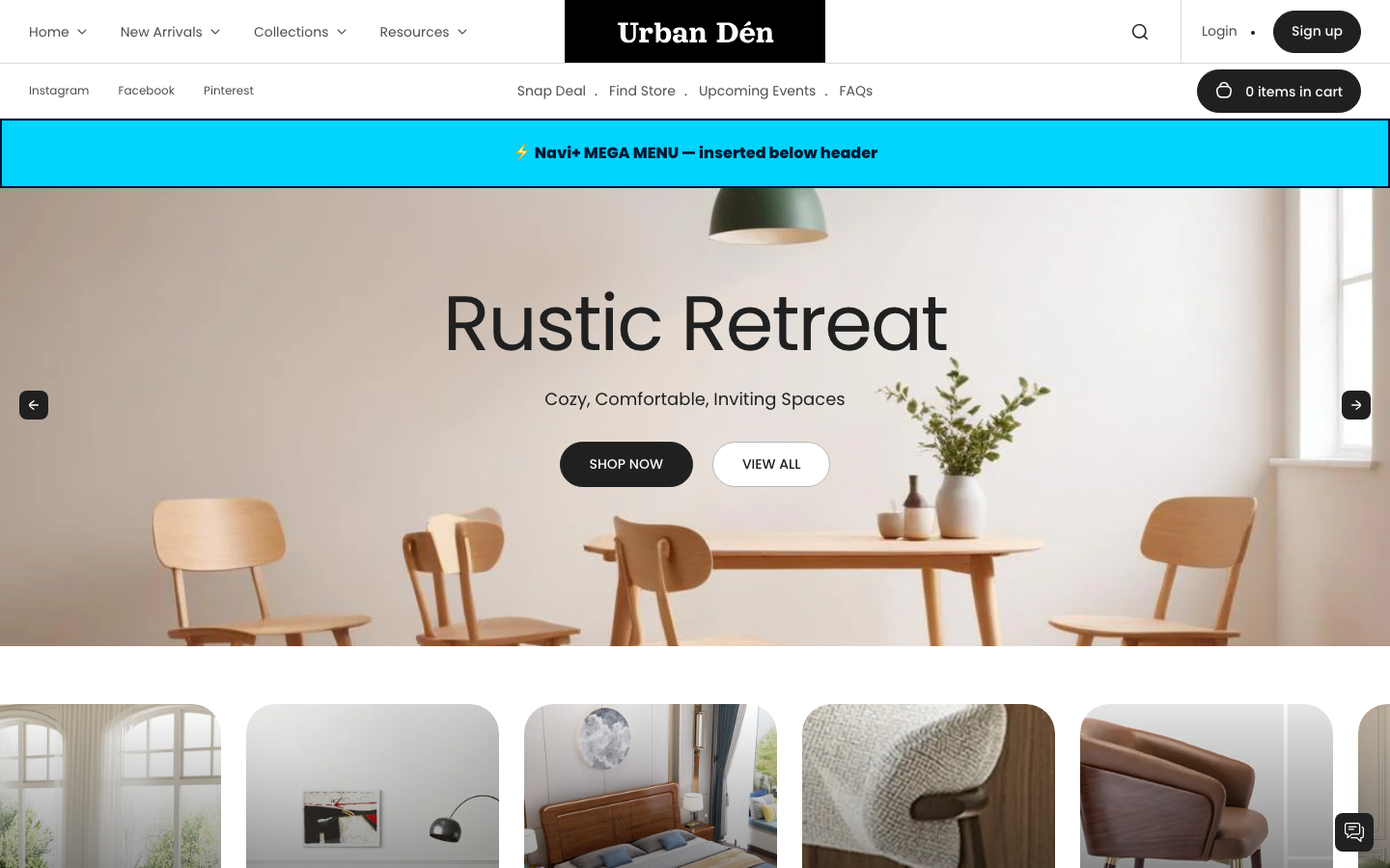 Menu inserted below header — Navi+ on the Urban Shopify theme Menu inserted below header — Navi+ on the Urban Shopify theme
