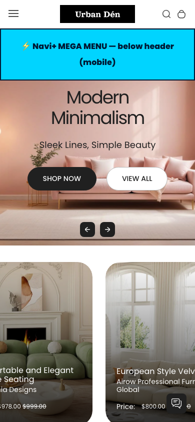 Menu inserted below header — Navi+ on the Urban Shopify theme Menu inserted below header — Navi+ on the Urban Shopify theme
