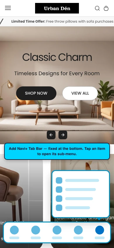 Navi+ Tab Bar on the Urban Shopify theme Navi+ Tab Bar on the Urban Shopify theme