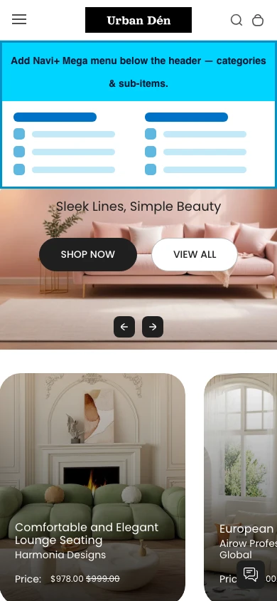 Navi+ mobile Mega Menu on the Urban Shopify theme Navi+ mobile Mega Menu on the Urban Shopify theme