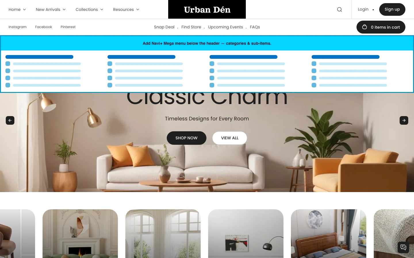 Navi+ Mega Menu inserted below the header on the Urban Shopify theme Navi+ Mega Menu inserted below the header on the Urban Shopify theme