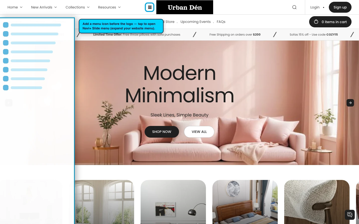 Navi+ trigger icon before the logo on the Urban Shopify theme Navi+ trigger icon before the logo on the Urban Shopify theme