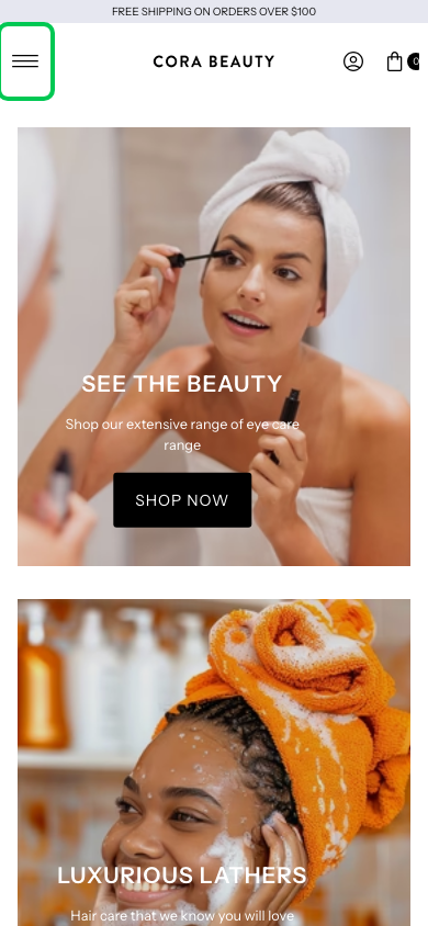 Hamburger → panel opened — Navi+ on the Vantage Shopify theme