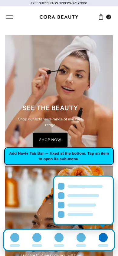 Navi+ Tab Bar on the Vantage Shopify theme