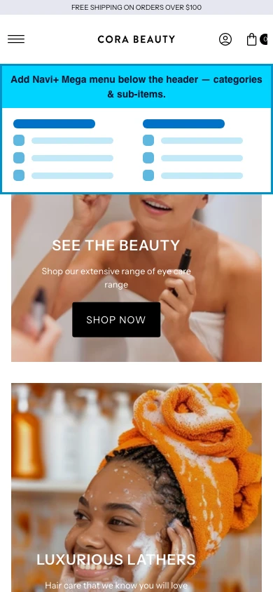 Navi+ mobile Mega Menu on the Vantage Shopify theme