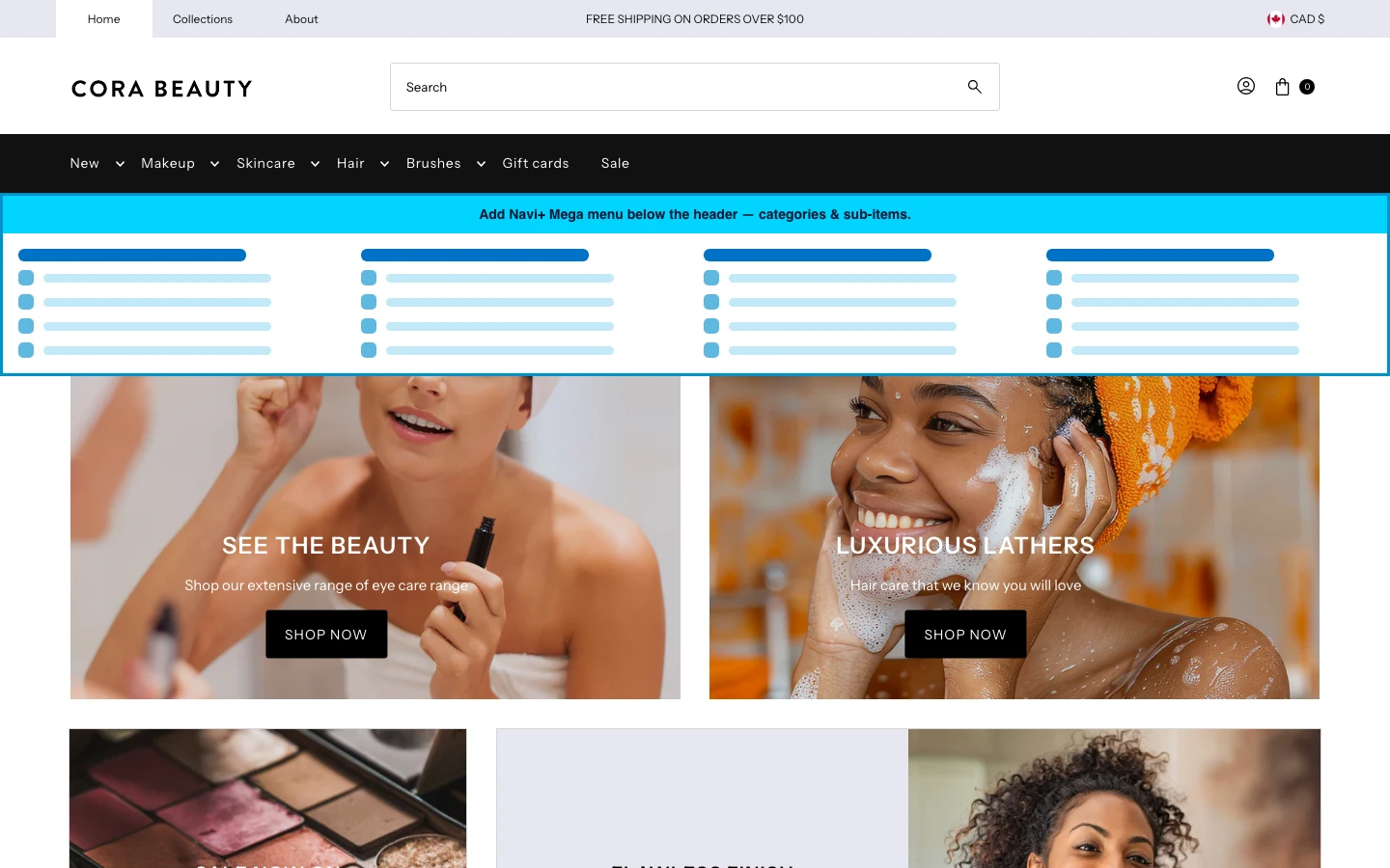 Navi+ Mega Menu inserted below the header on the Vantage Shopify theme