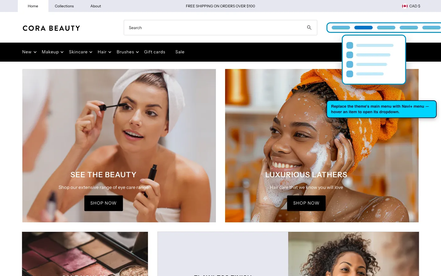 Navi+ Mega Menu replacing the desktop menu on the Vantage Shopify theme