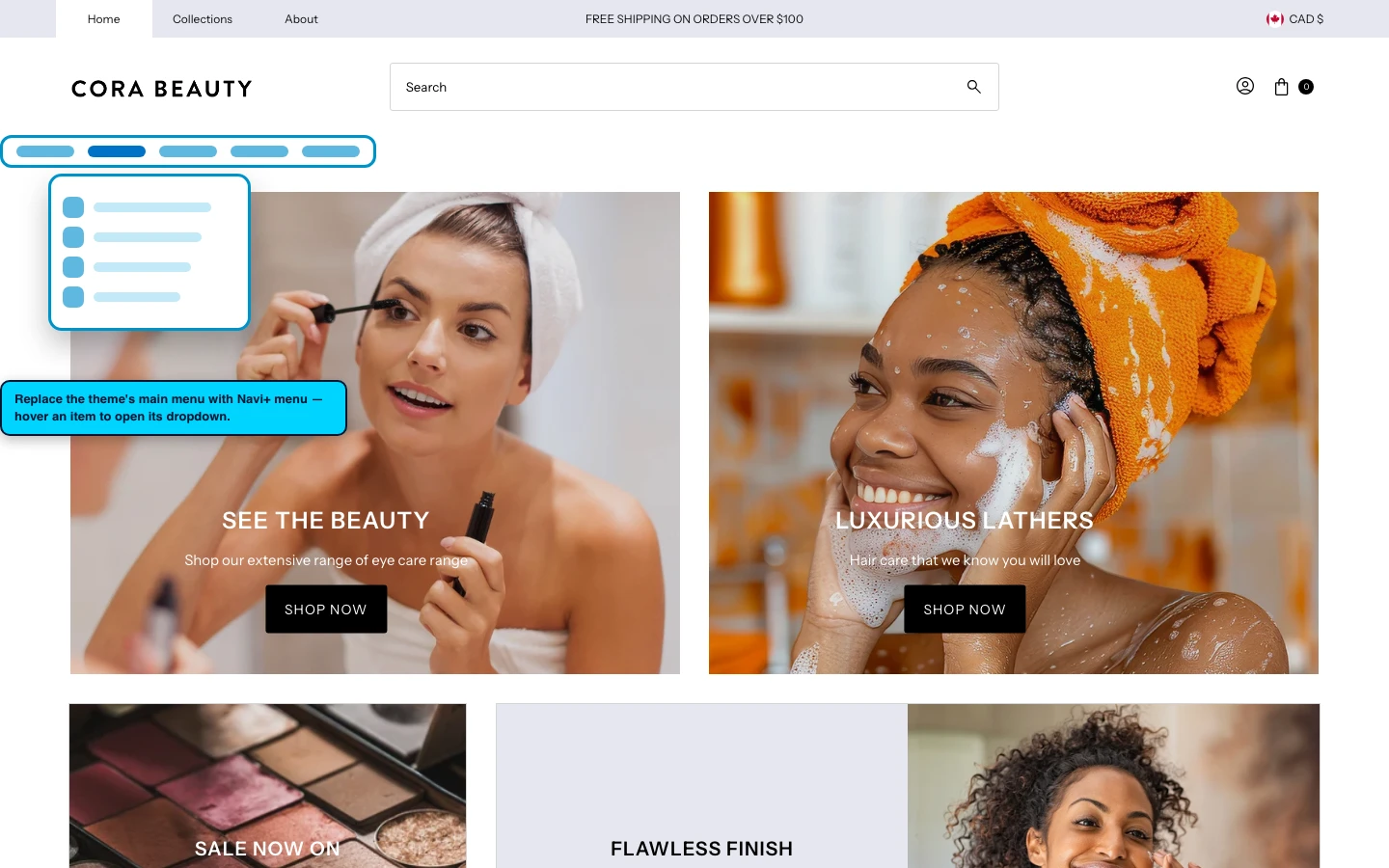 Navi+ Mega Menu replacing the desktop menu on the Vantage Shopify theme Navi+ Mega Menu replacing the desktop menu on the Vantage Shopify theme