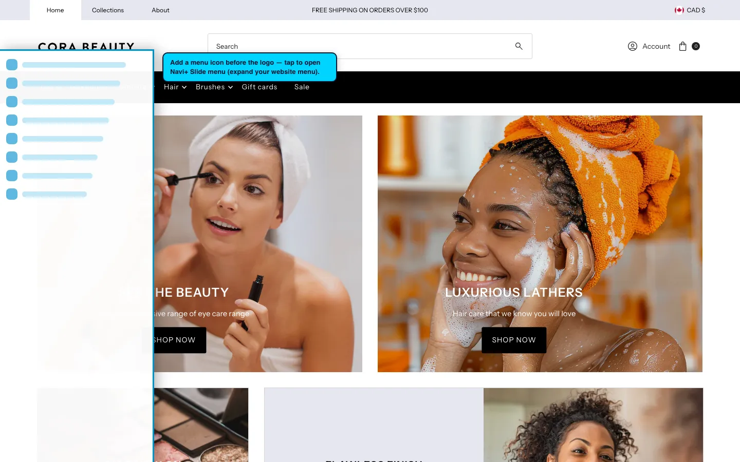 Navi+ trigger icon before the logo on the Vantage Shopify theme