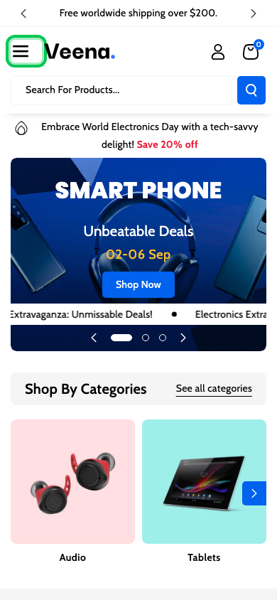 Hamburger → panel opened — Navi+ on the Veena Shopify theme